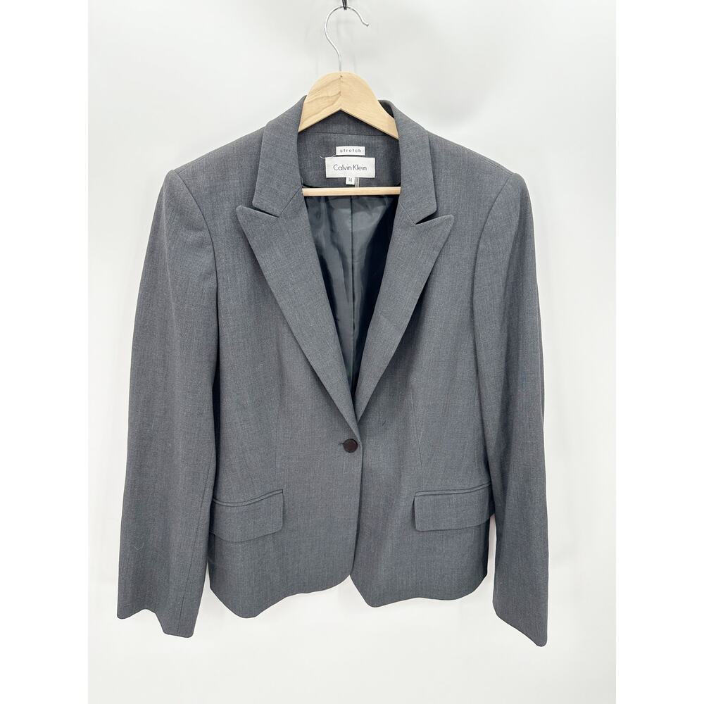 Calvin Klein Gray Single Button Blazer Suit Jacket Womens 14 CSE2436D Stretch